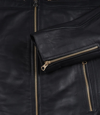 Women's Matte Black Leather Cafe Racer Jacket with Gold Zippers