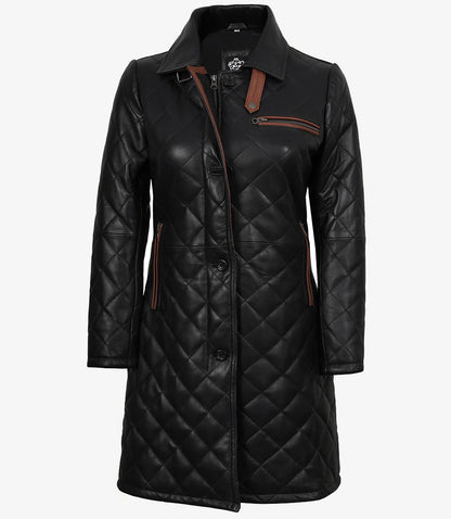 Glen Womens Real Leather Black Quilted Car Coat with Brown Detailing