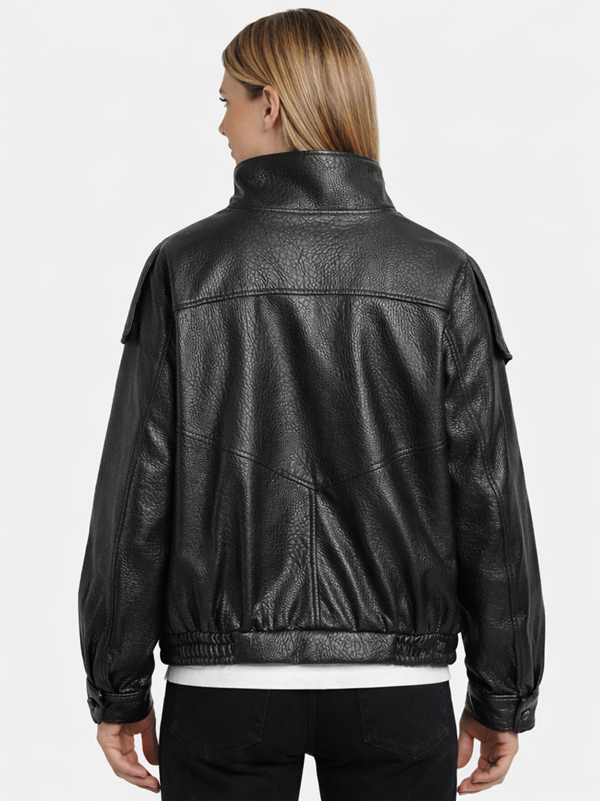 Black Funnel Collar Leather Jacket – Premium Textured Finish | Men & Women