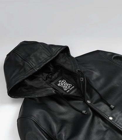 Mens Black Hooded Leather Bomber Jacket - Letterman Style