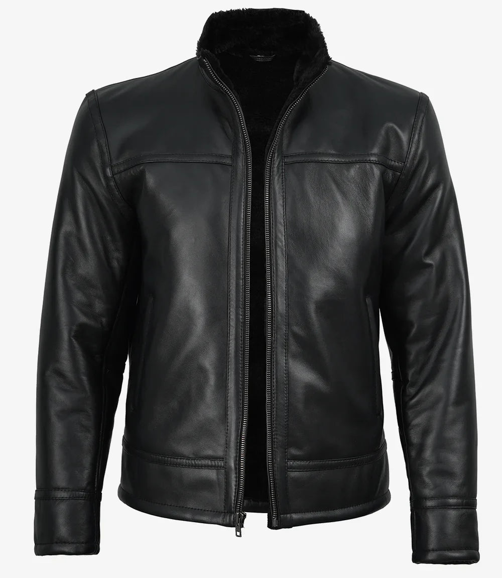 Men’s Black Real Lambskin Leather Jacket with Faux Shearling Lining