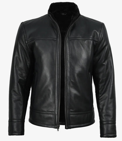 Men’s Black Real Lambskin Leather Jacket with Faux Shearling Lining