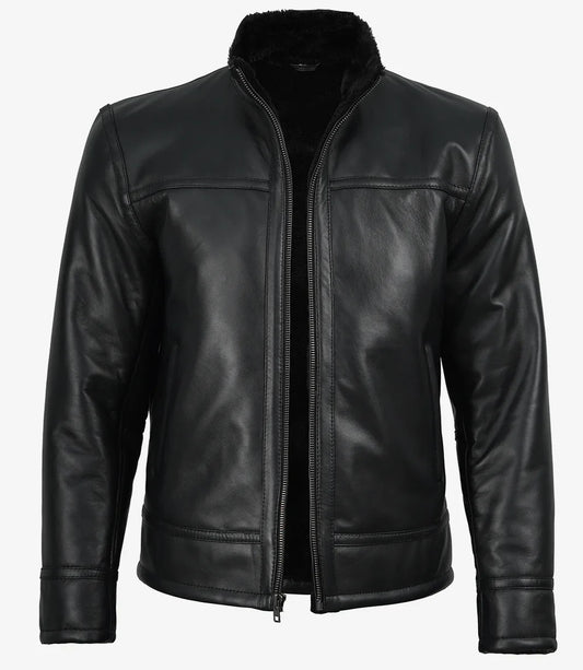 Men’s Black Real Lambskin Leather Jacket with Faux Shearling Lining