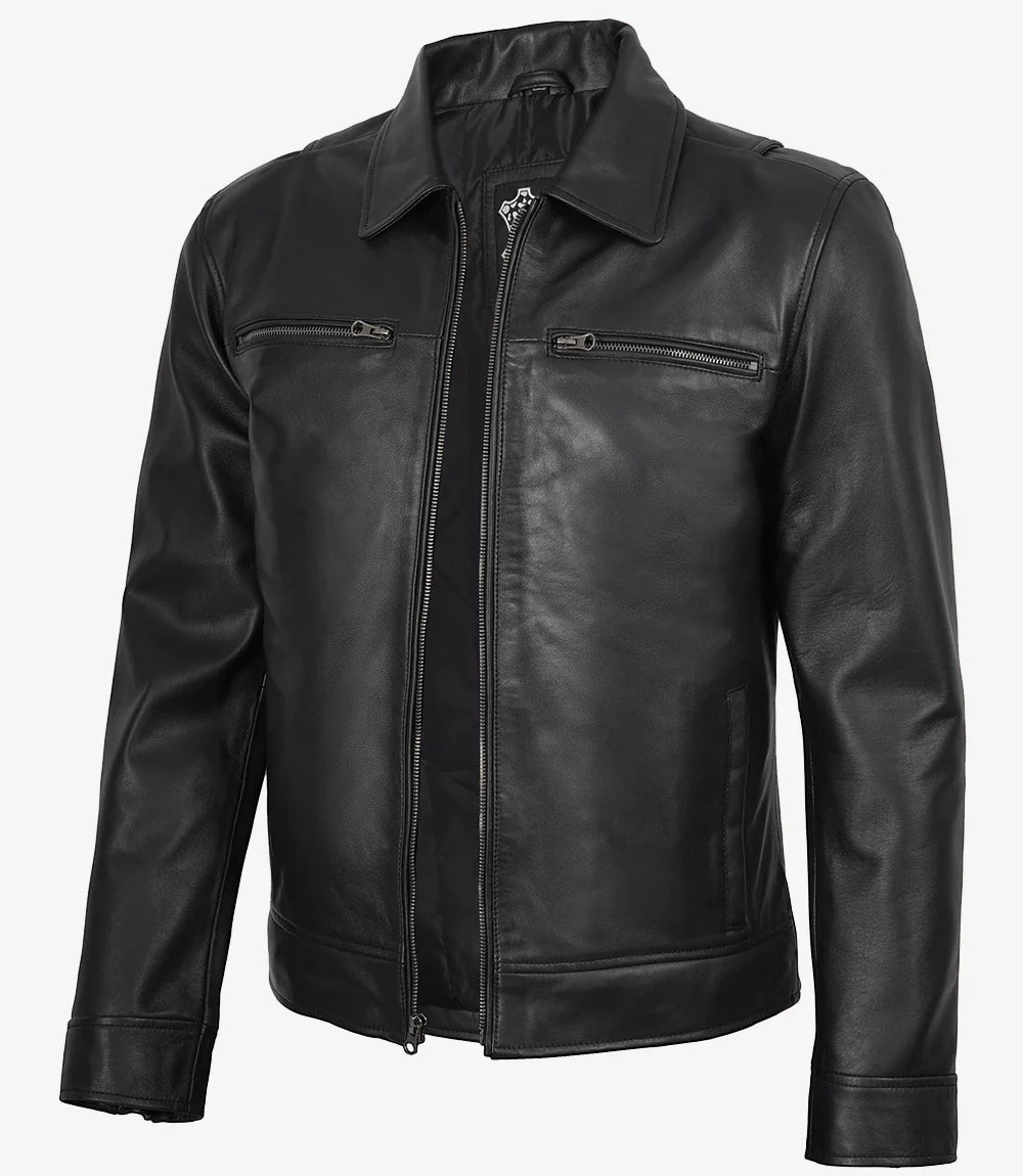 Men's Black Real Leather Jacket — Harrington Style