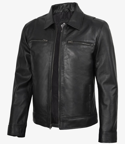 Men's Black Real Leather Jacket — Harrington Style