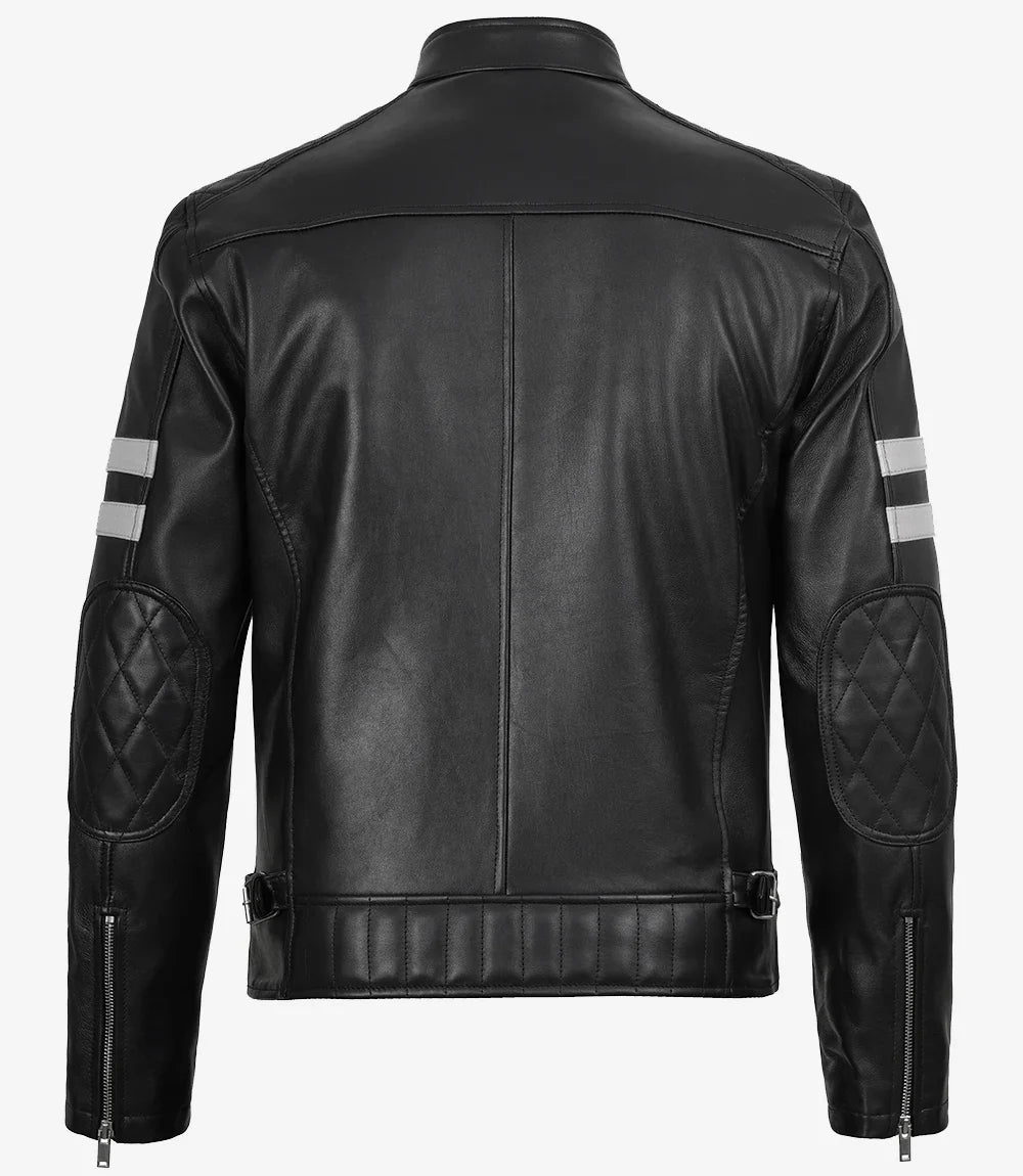 Men's Black Lambskin Cafe Racer Jacket with White Stripes