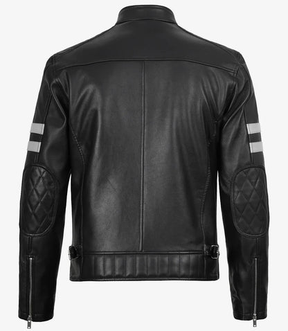 Men's Black Lambskin Cafe Racer Jacket with White Stripes