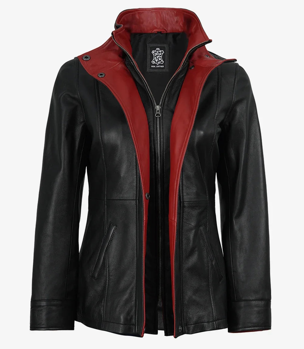 Erin Women's Black Leather Jacket with Red Inner Lapel