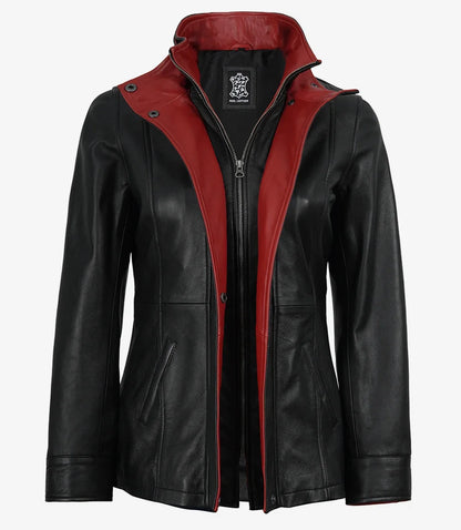 Erin Women's Black Leather Jacket with Red Inner Lapel