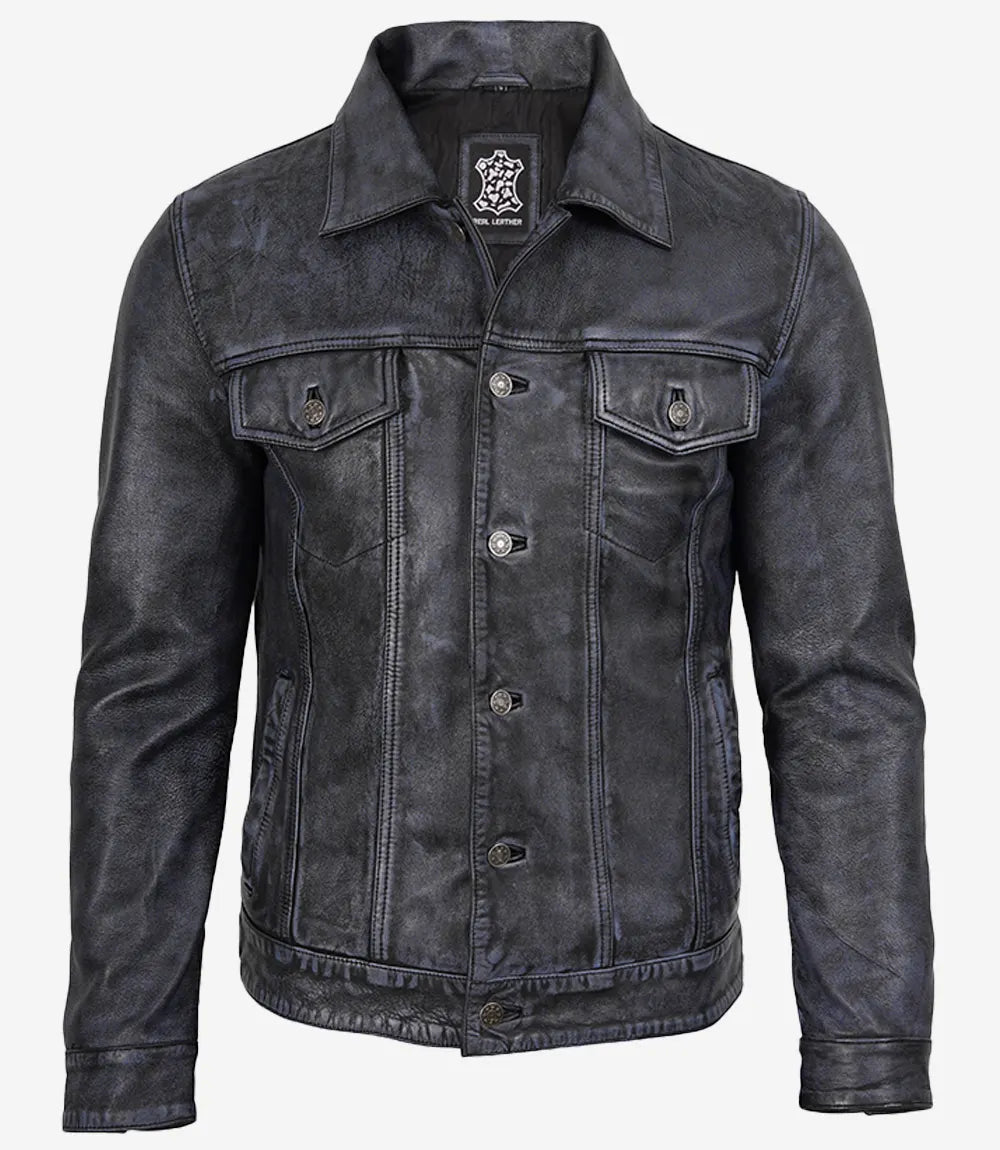 Men’s Black Distressed Real Leather Trucker Jacket
