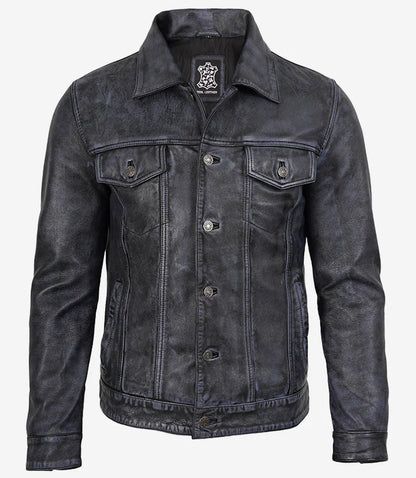 Men’s Black Distressed Real Leather Trucker Jacket