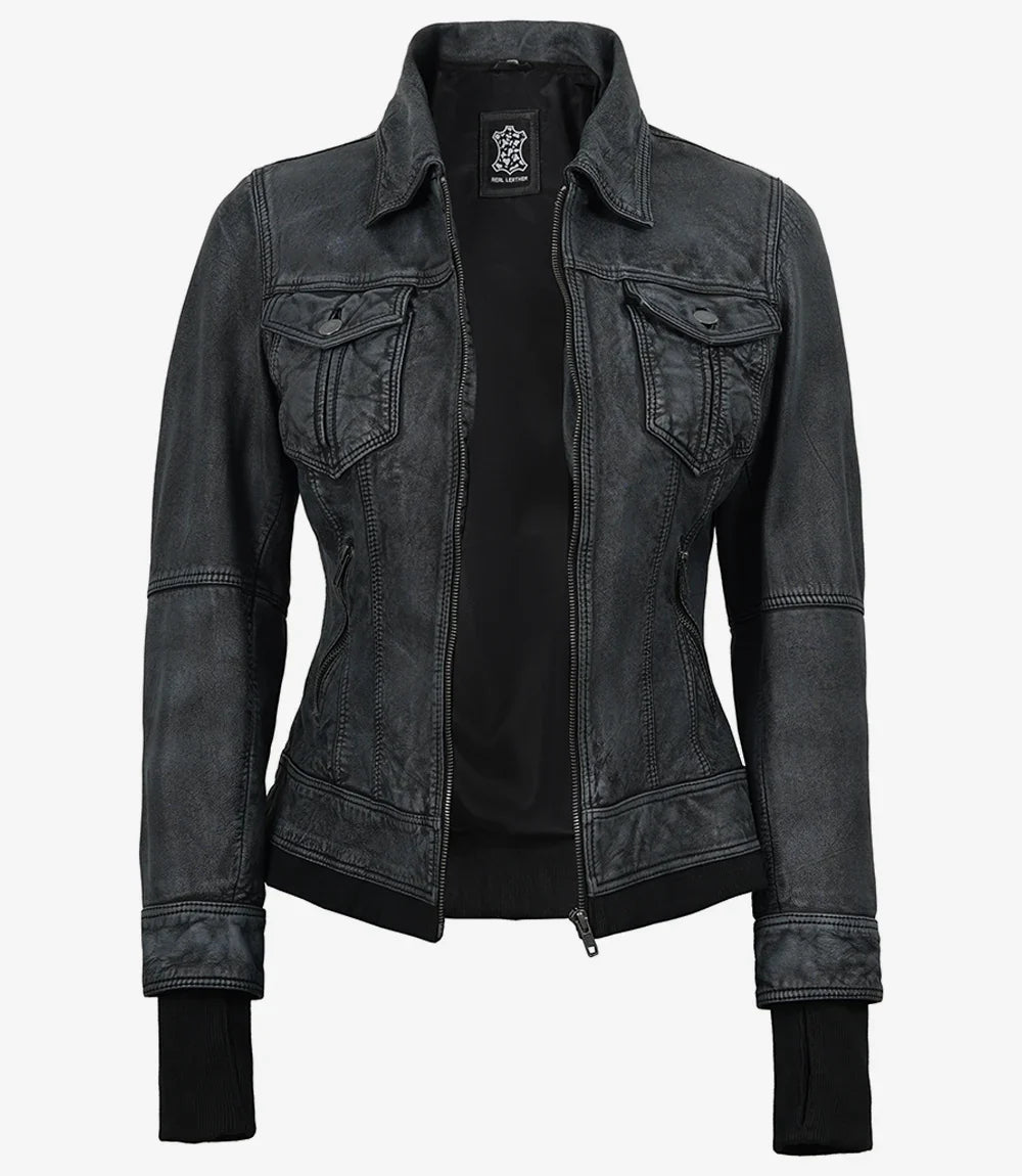 Women's Washed Black Lambskin Bomber Jacket with Removable Hood