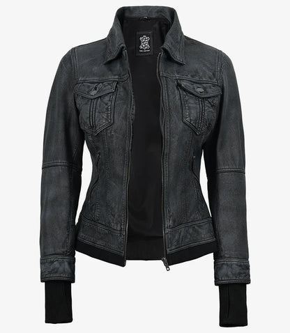 Women's Washed Black Lambskin Bomber Jacket with Removable Hood