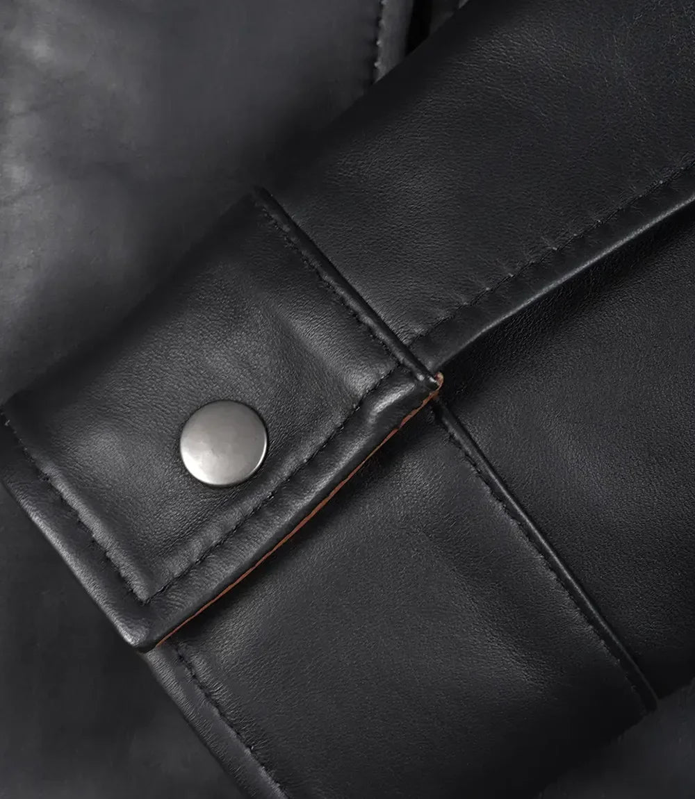 Women's Black Leather Jacket with Brown Contrast Collar