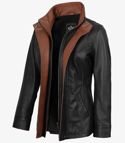 Women's Black Leather Jacket with Brown Contrast Collar