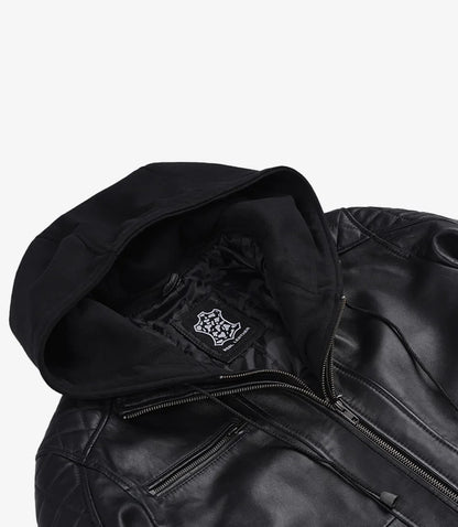 Men's Black Quilted Leather Bomber Jacket with Removable Hood