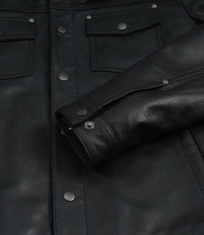 Men’s Premium Black Leather Shirt Jacket | Snap-Button Front