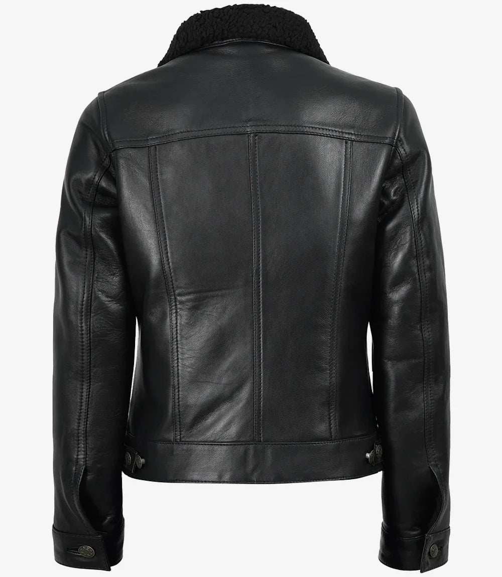 Women's Black Leather Trucker Jacket with Sherpa Lining