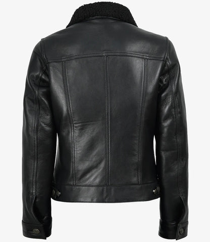Women's Black Leather Trucker Jacket with Sherpa Lining