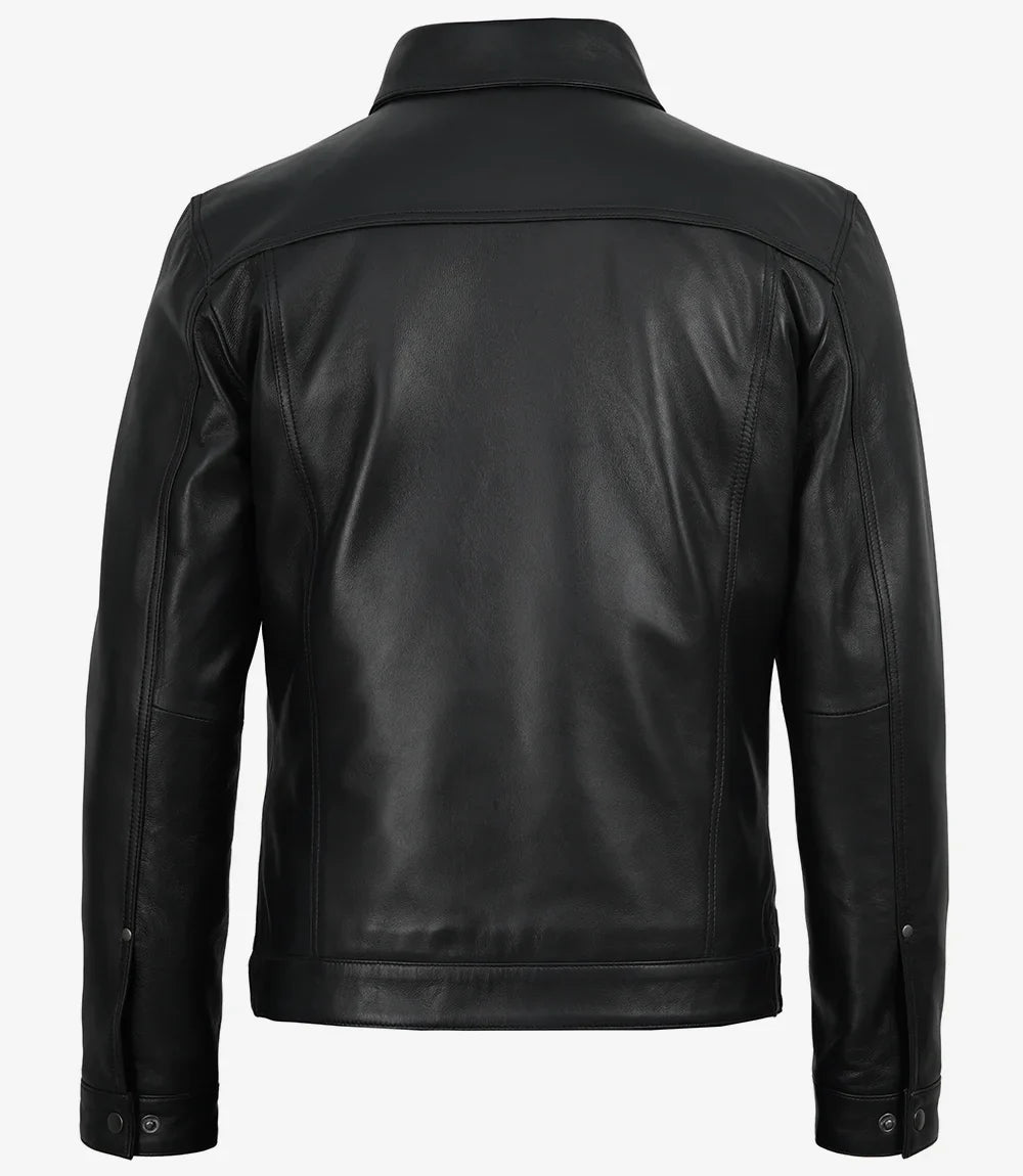 Men’s Premium Black Leather Shirt Jacket | Snap-Button Front