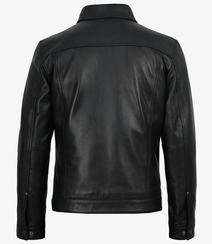 Men’s Premium Black Leather Shirt Jacket | Snap-Button Front