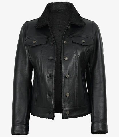 Women's Black Leather Trucker Jacket with Sherpa Lining