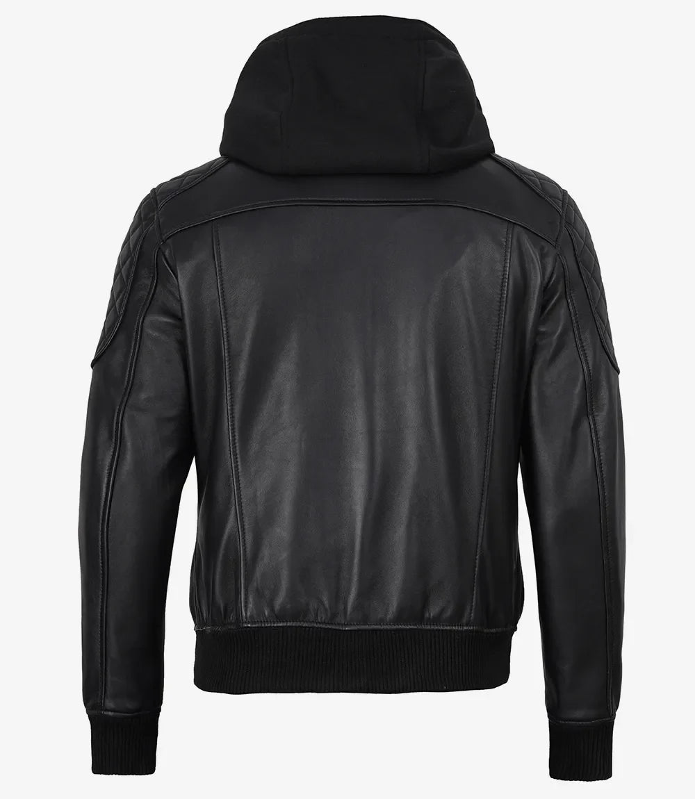 Men's Black Quilted Leather Bomber Jacket with Removable Hood