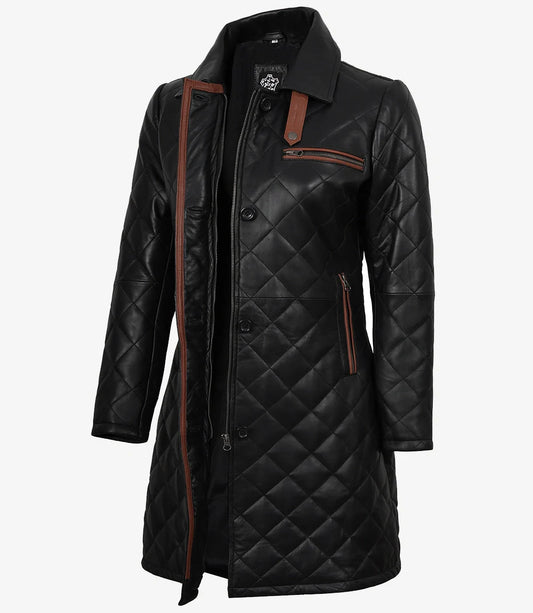 Glen Womens Real Leather Black Quilted Car Coat with Brown Detailing