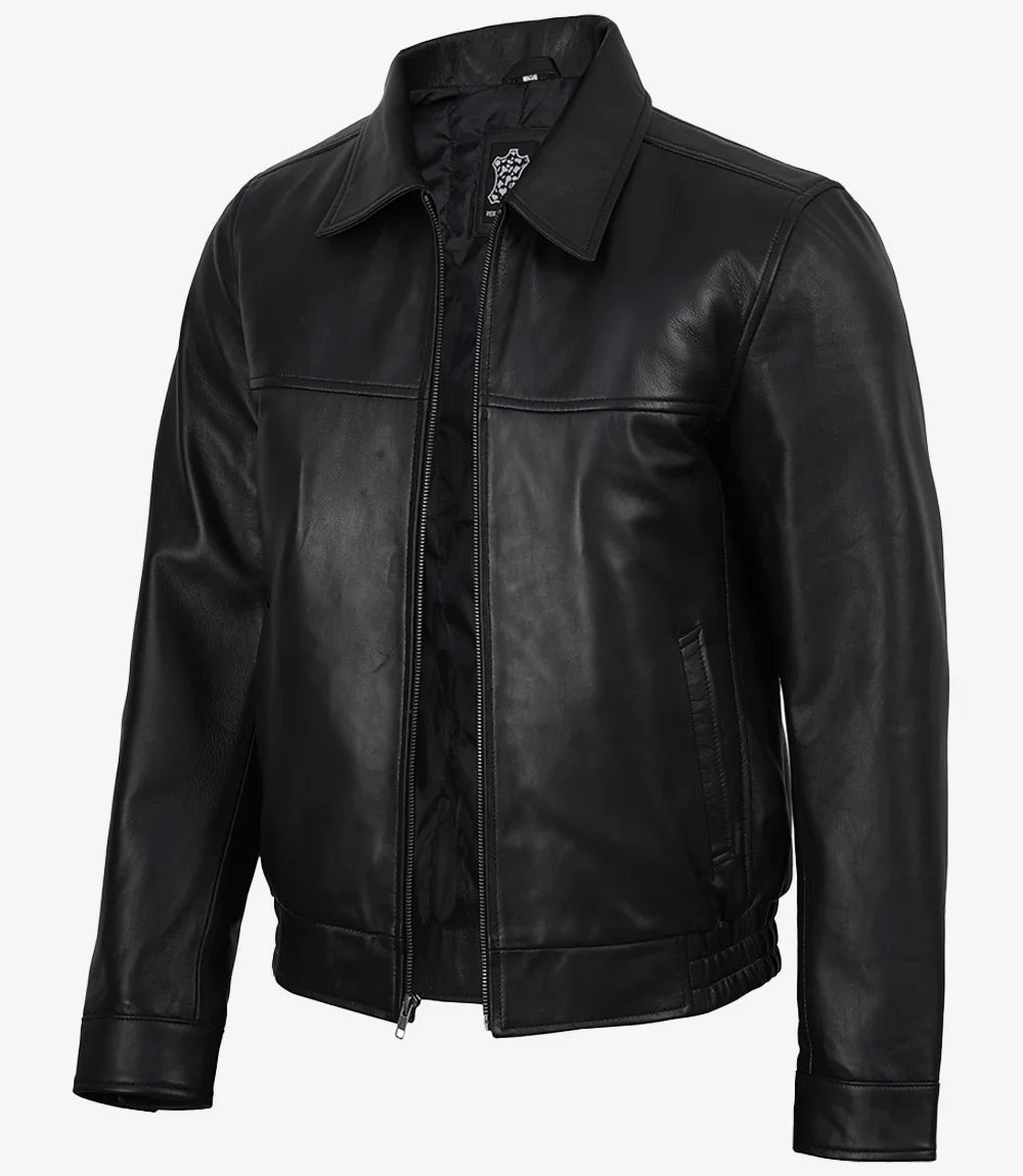 Black Classic Shirt Collar Leather Bomber Jacket for Men