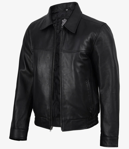 Black Classic Shirt Collar Leather Bomber Jacket for Men