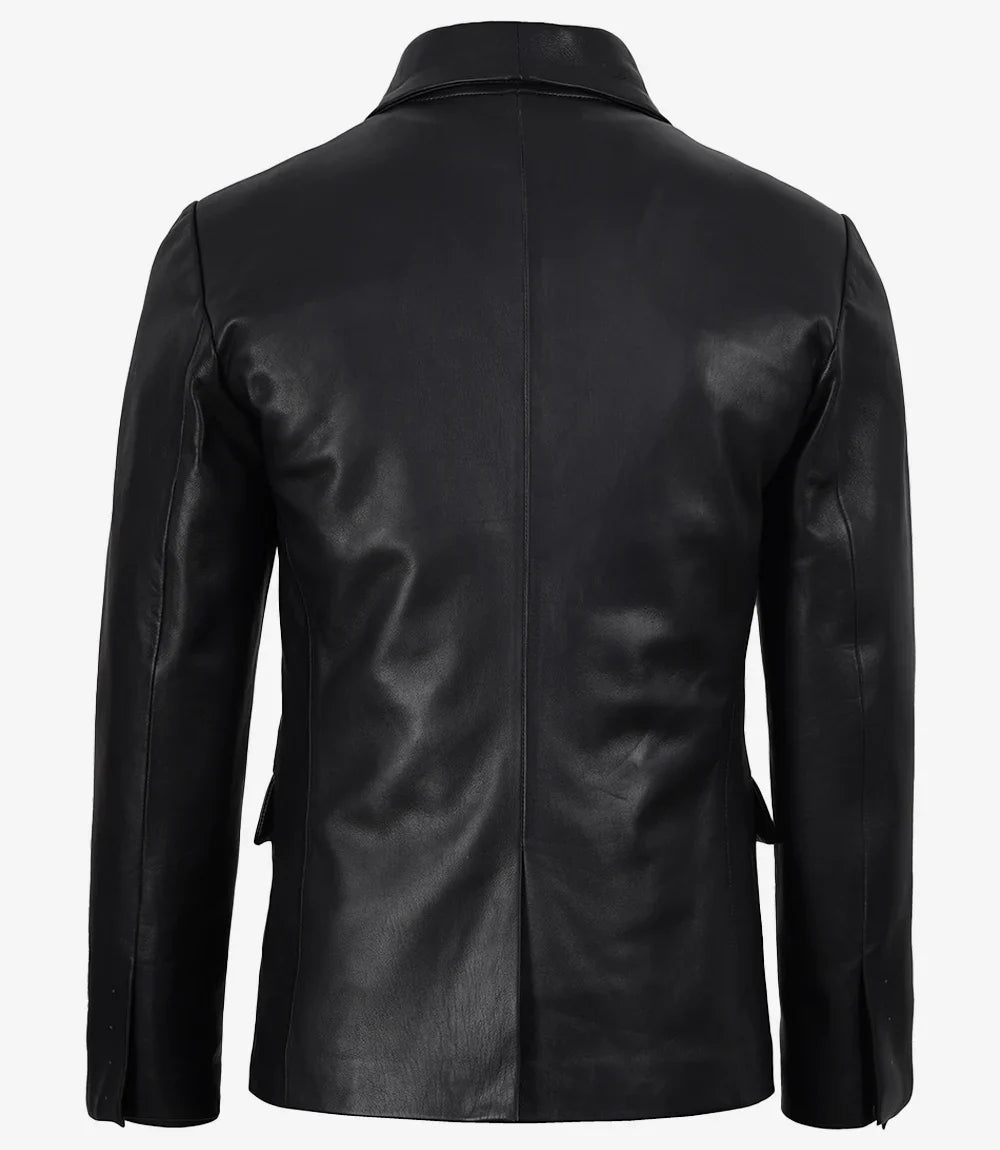 Men's Single Button Black Leather Blazer - Shawl Lapel