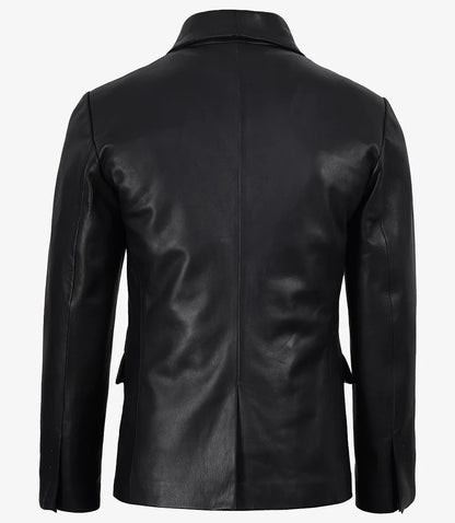 Men's Single Button Black Leather Blazer - Shawl Lapel