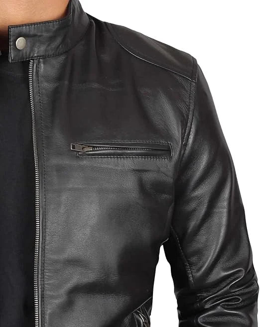 Men's Black Lambskin Leather Cafe Racer Jacket Max Jackets