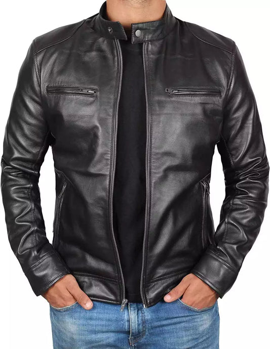Lambskin Black Biker Style Leather Jacket for Tall Men