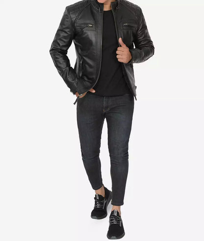 Men's Tall Quilted Shoulder Black Biker Style Leather Jacket