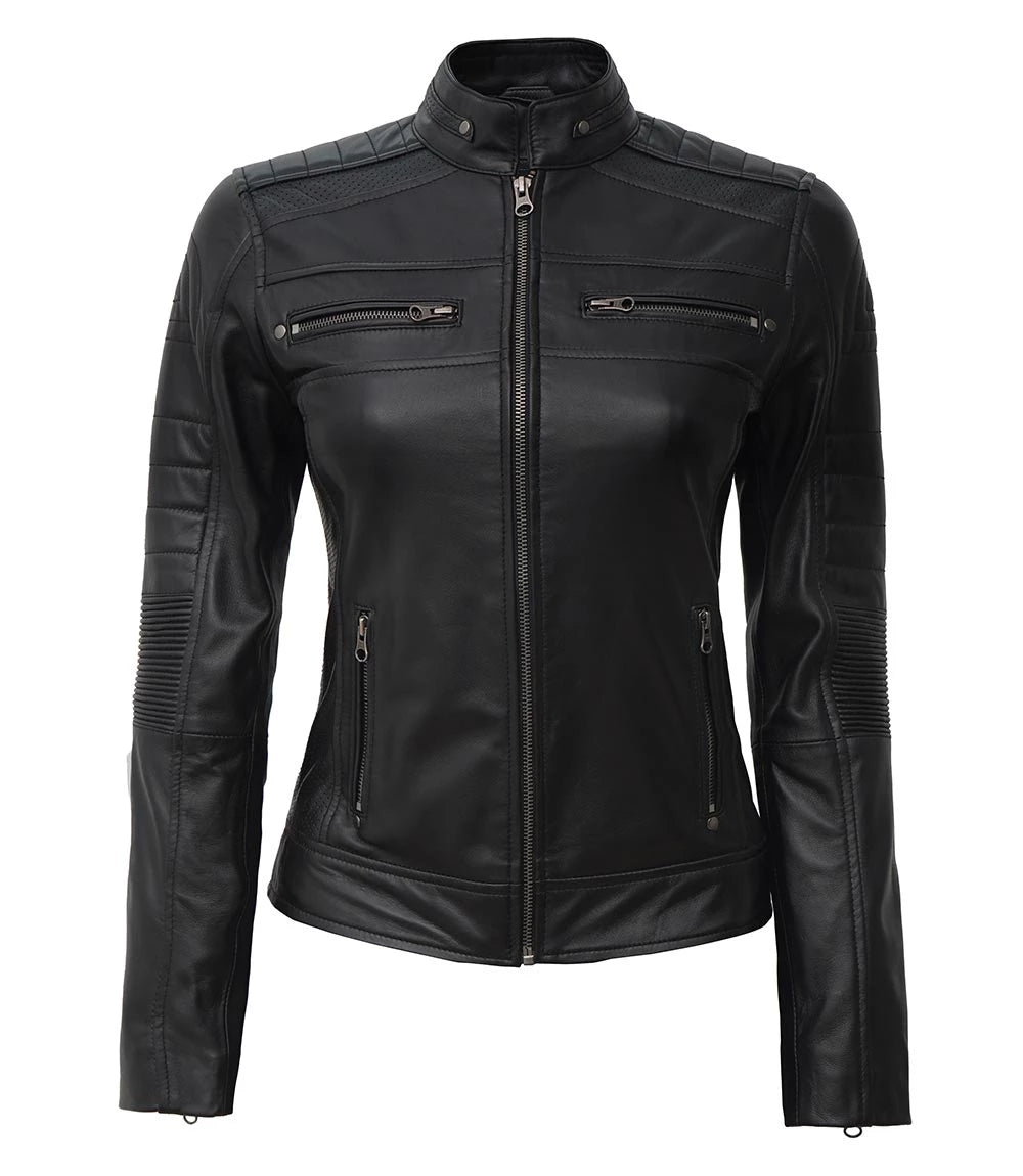 Women's Black Cafe Racer Leather Jacket Max Jackets