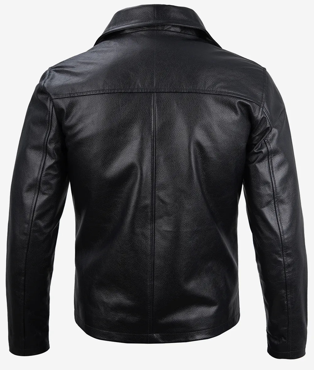 Mens Black Shirt Collar Cowhide Leather Jacket Max Jackets