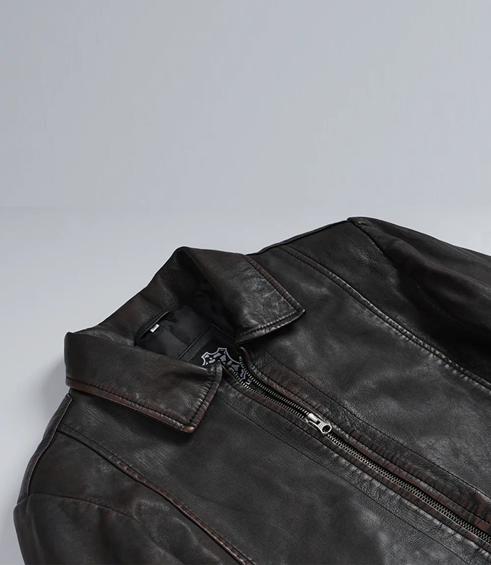 Men's Black Distressed Leather Jacket with Maroon Undertone