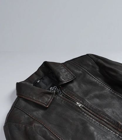Men's Black Distressed Leather Jacket with Maroon Undertone