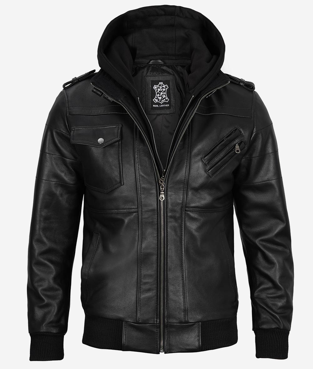 Men's Black Leather Bomber Jacket with Removable Hood