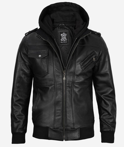 Men's Black Leather Bomber Jacket with Removable Hood