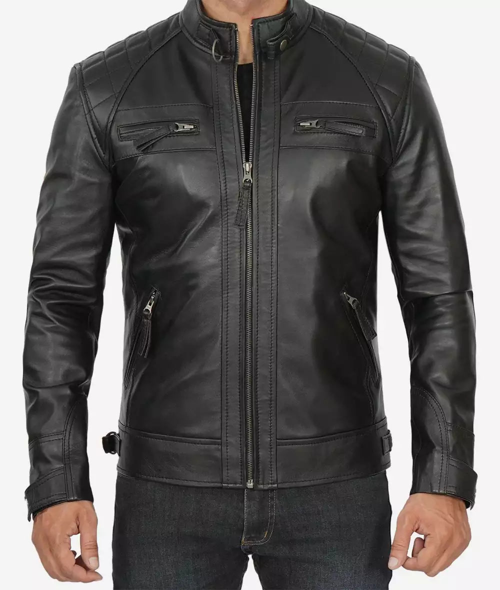 Men's Tall Quilted Shoulder Black Biker Style Leather Jacket