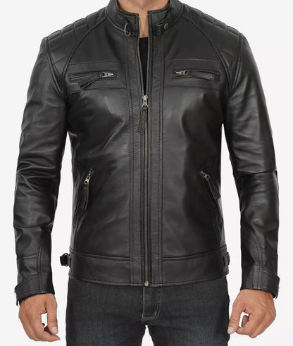 Men's Tall Quilted Shoulder Black Biker Style Leather Jacket