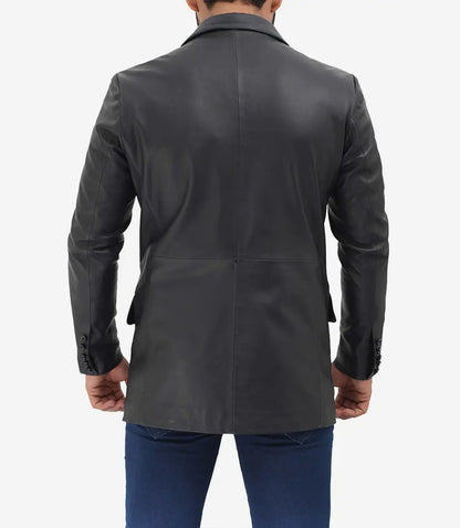 Mens Notch Lapel 2 Buttons Black Lambskin Leather Blazer