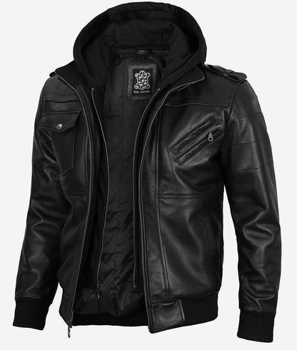 Men's Black Leather Bomber Jacket with Removable Hood