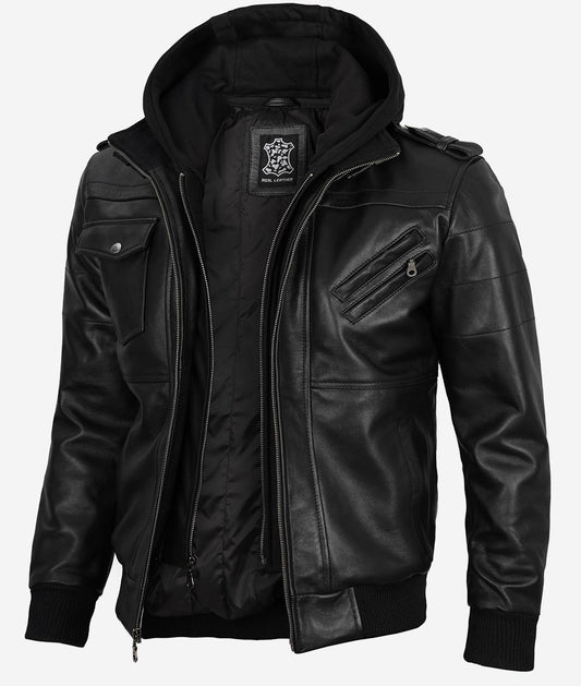 Men's Black Leather Bomber Jacket with Removable Hood