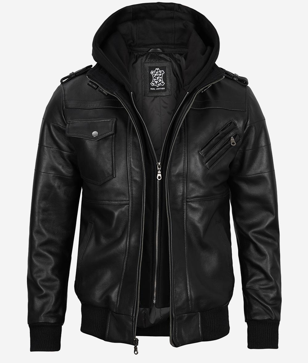 Men's Black Leather Bomber Jacket with Removable Hood