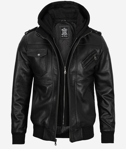 Men's Black Leather Bomber Jacket with Removable Hood