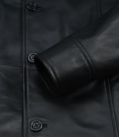 Men's Black 3/4 Length Button Down Leather Coat