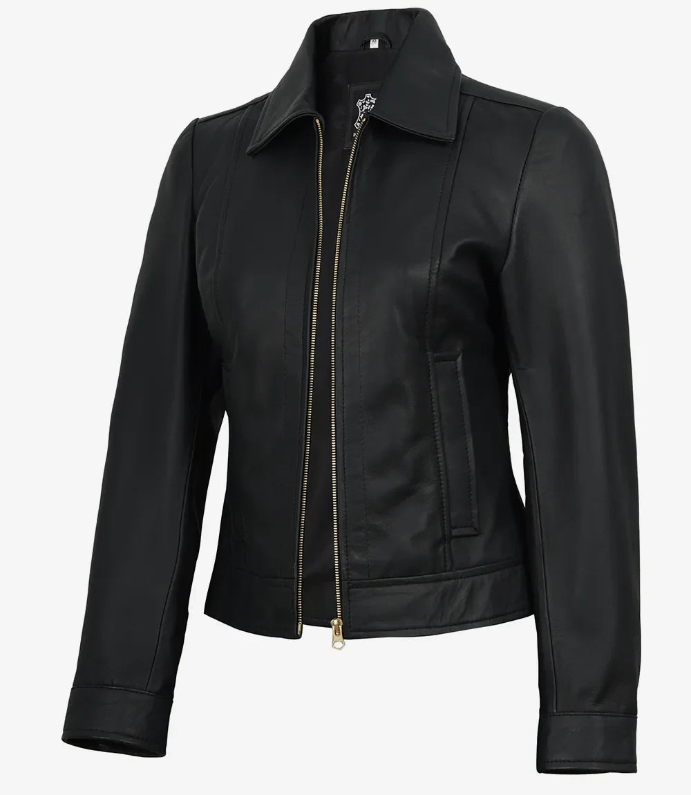 Women's Black Lambskin Harrington Jacket — Gold Hardware & Accents